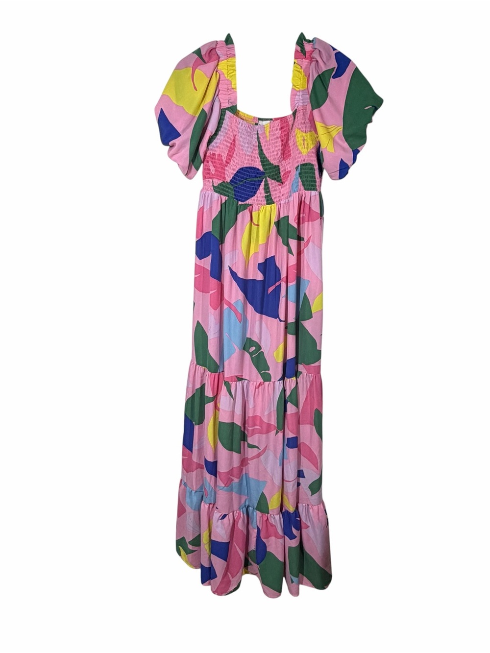First Love Large Pink Multicolor Puff Sleeve Maxi Dress